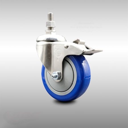 Service Caster 4 Inch 316SS Blue Polyurethane Swivel 12mm Stem Caster Total Lock Brake SCC SCC-SS316TSTTL20S414-PPUB-BLUE-M1215
